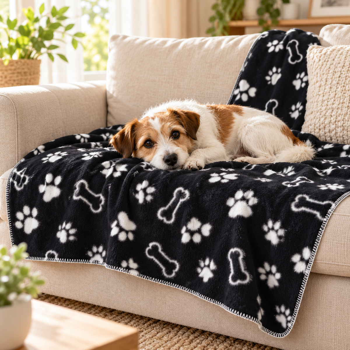 Manta para animais com patas e ossos — 120 × 120 cm — exemplo de utilização