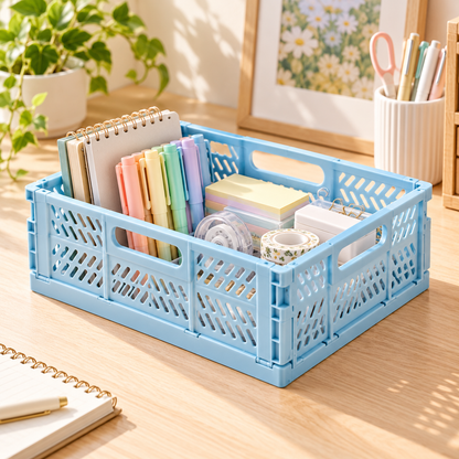 Cesto dobrável azul — 21,5 × 14,2 × 8 cm — sugestão de utilização