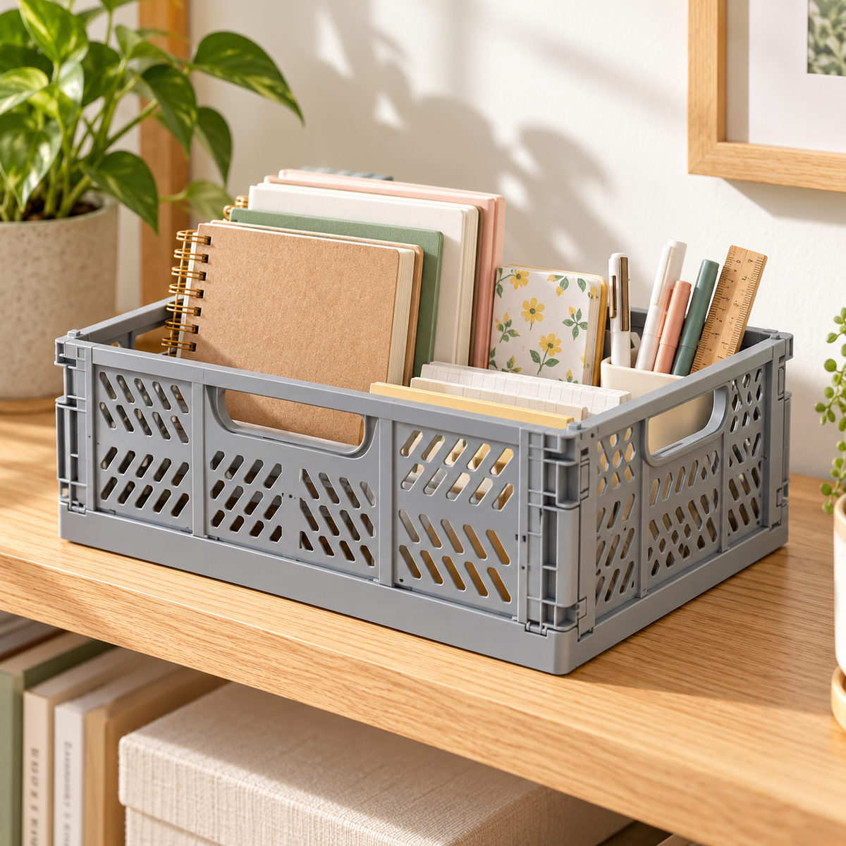 Cesto dobrável cinzento — 29 × 21 × 12 cm — sugestão de utilização