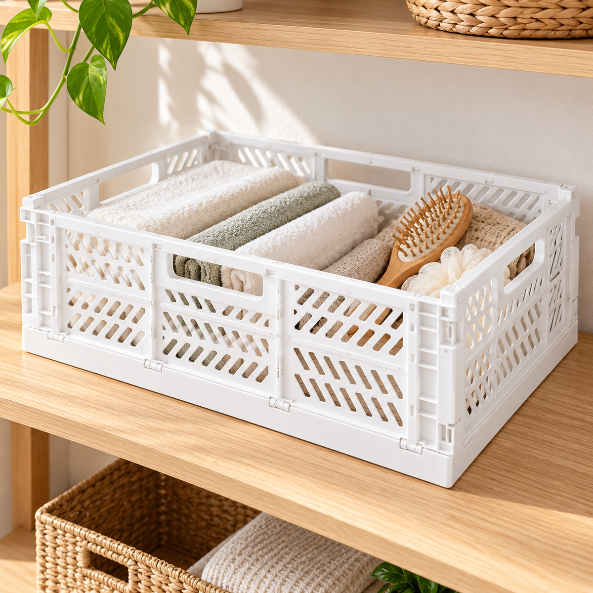 Cesto dobrável branco — 43 × 29 × 16 cm — sugestão de utilização