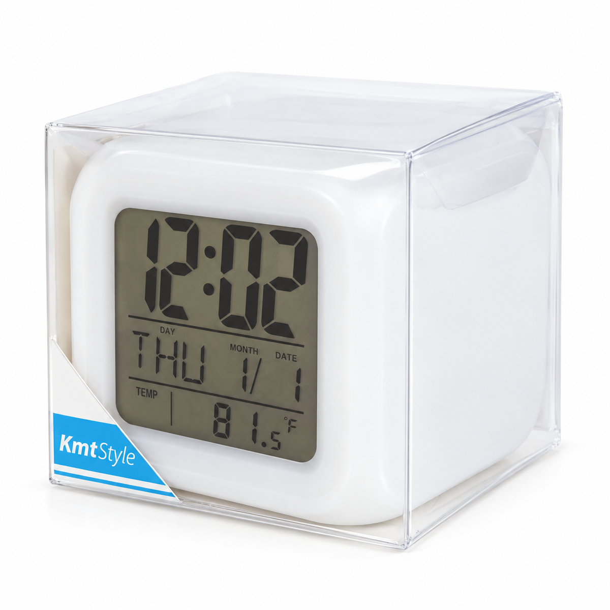 Despertador digital branco com data e temperatura — embalagem