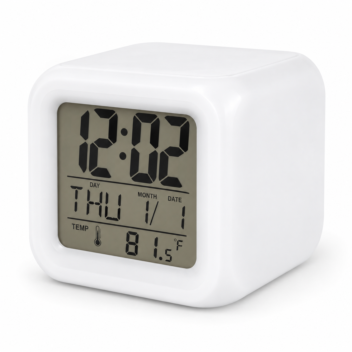 Despertador digital branco com data e temperatura