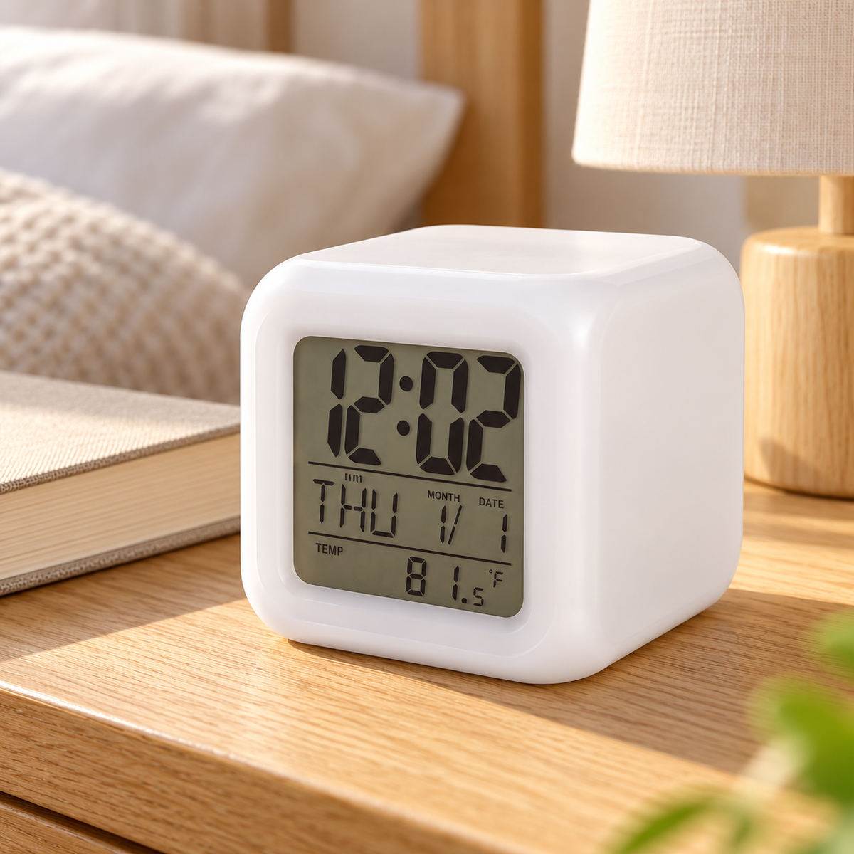 Despertador digital branco com data e temperatura — sugestão de utilização