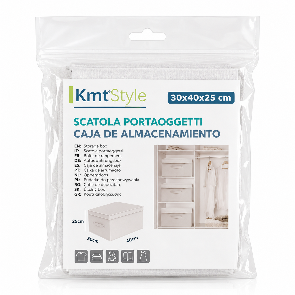 Caixa de arrumação branca com tampa — 30 × 40 × 25 cm — embalagem