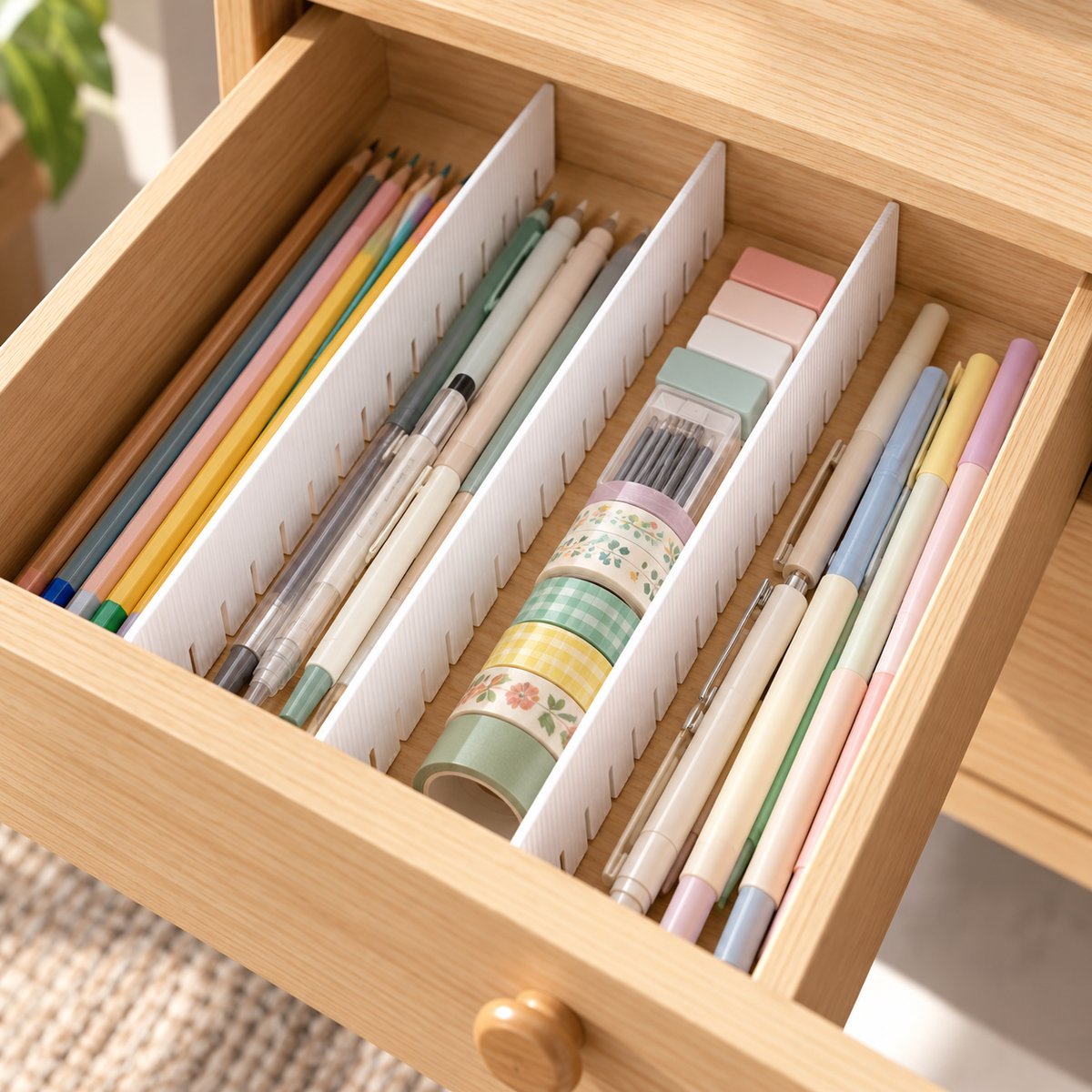 Divisórias brancas para gavetas, 42,3 × 6,5 cm — exemplo de utilização