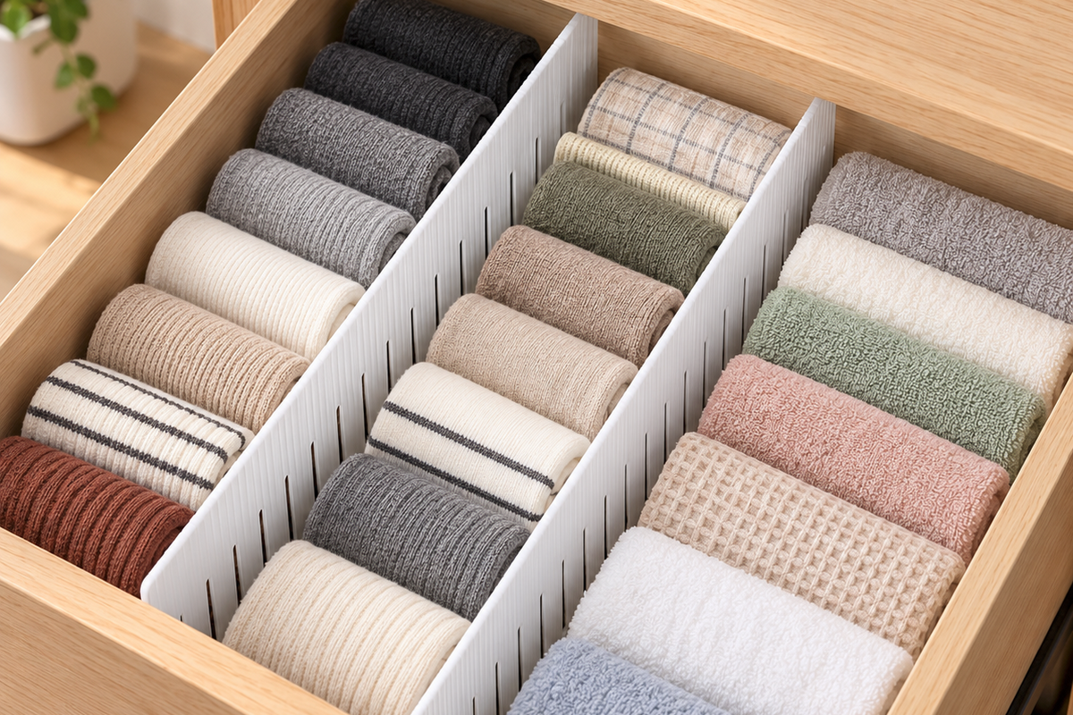 Divisórias brancas para gavetas, 42,3 × 13 cm — exemplo de utilização