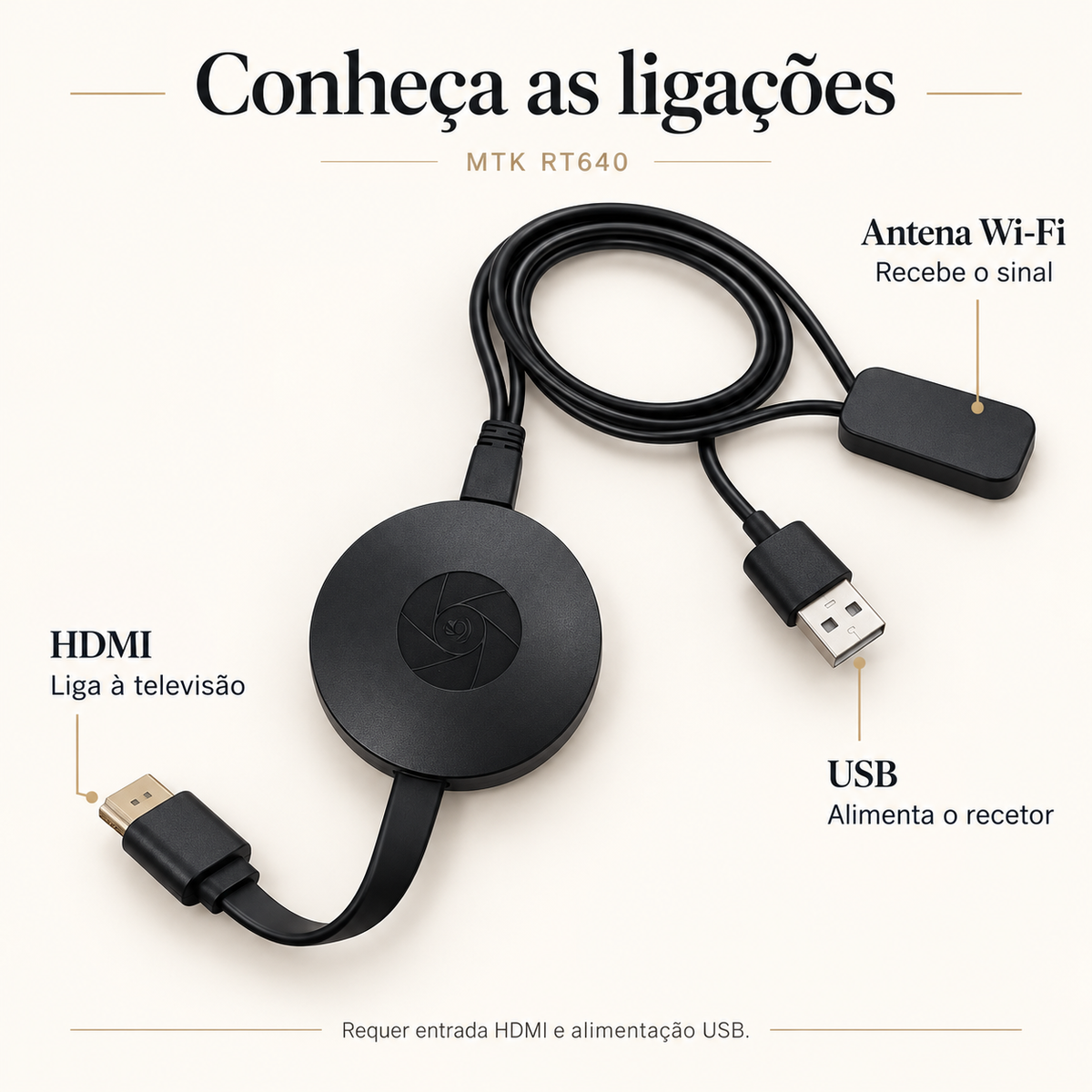 Ligações do MTK RT640: HDMI para a televisão, USB para alimentação e antena Wi-Fi