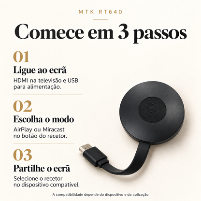 MTK RT640: ligar HDMI e USB, escolher AirPlay ou Miracast e partilhar o ecrã