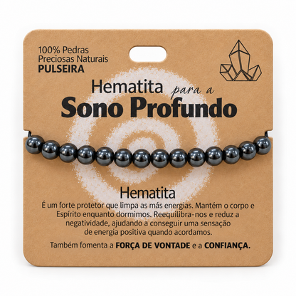 Pulseira de Hematita — Pedra Natural — embalagem com proporção corrigida