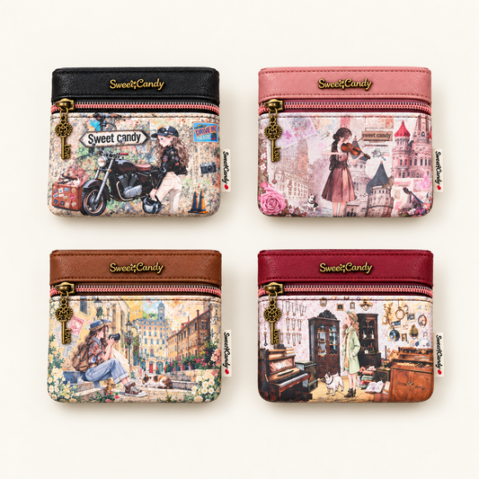 Carteiras compactas Sweet Candy em quatro cores, com pendente de chave pequeno