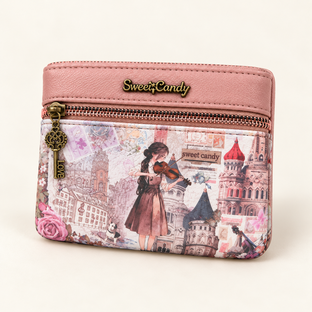 Carteira Sweet Candy rosa com detalhe do pequeno pendente de chave