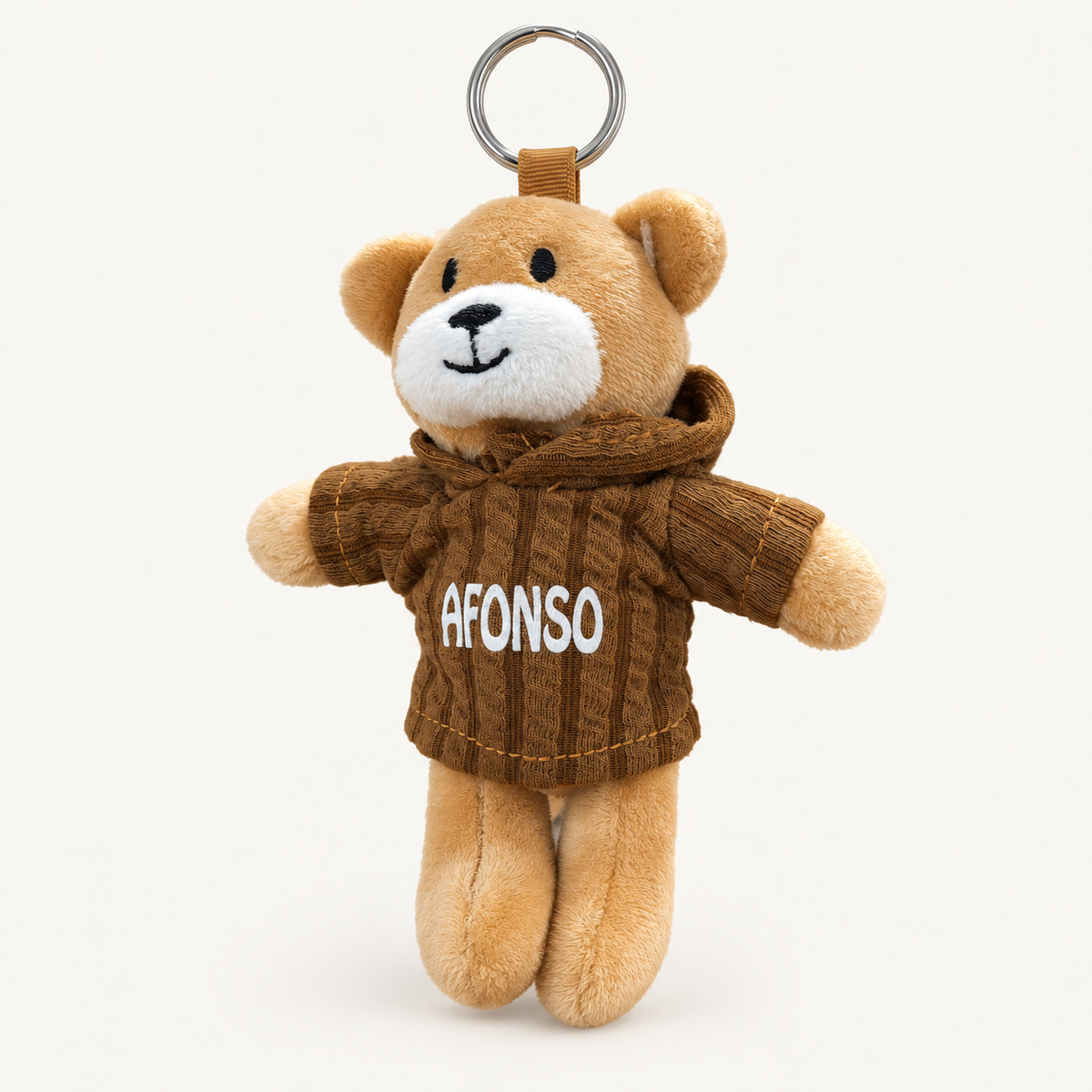 Porta-chaves de ursinho de peluche com camisola castanha e nome Afonso