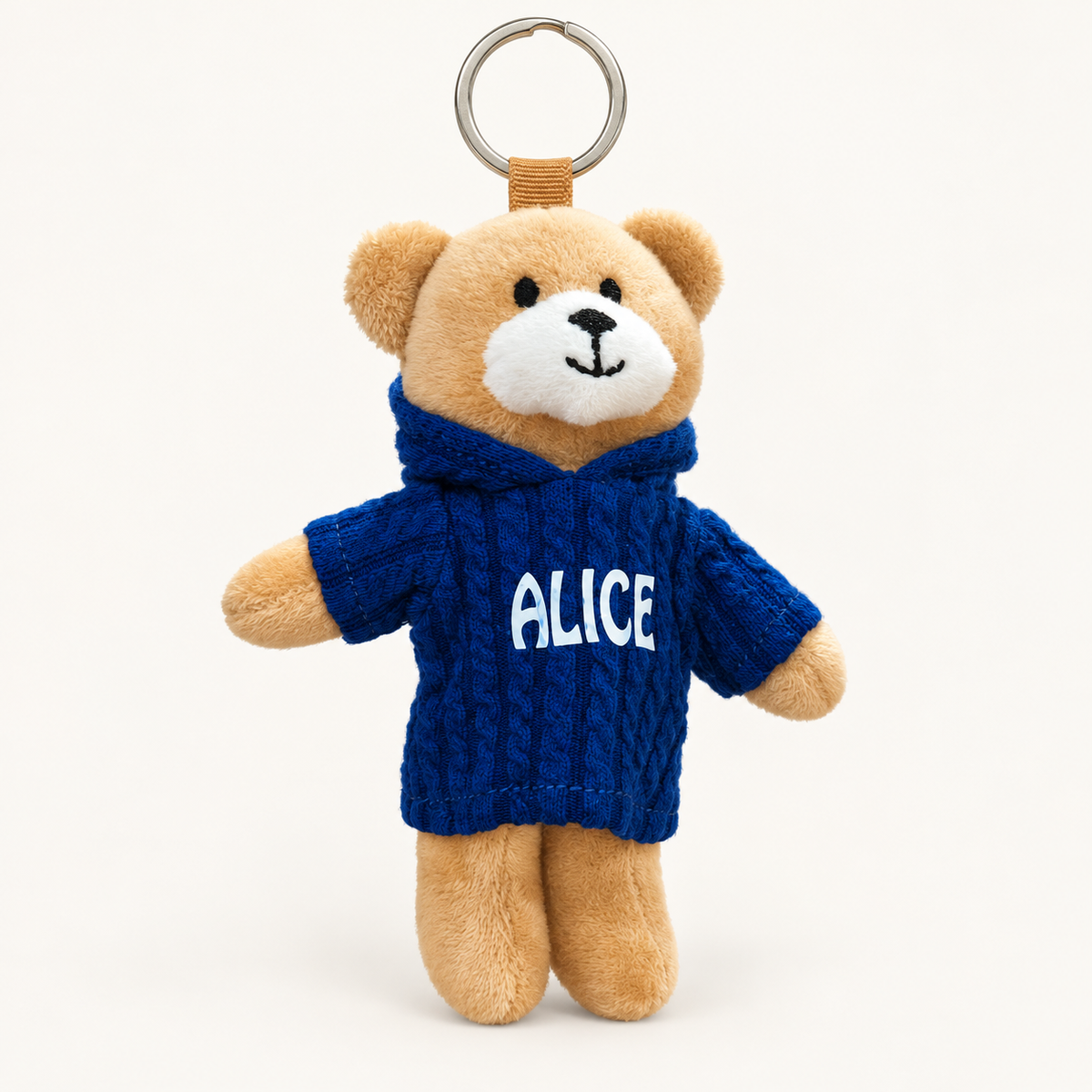Porta-chaves de ursinho de peluche com camisola azul e nome Alice