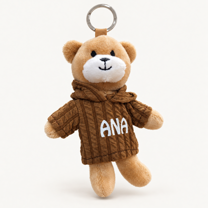 Porta-chaves de ursinho de peluche com camisola castanha e nome Ana